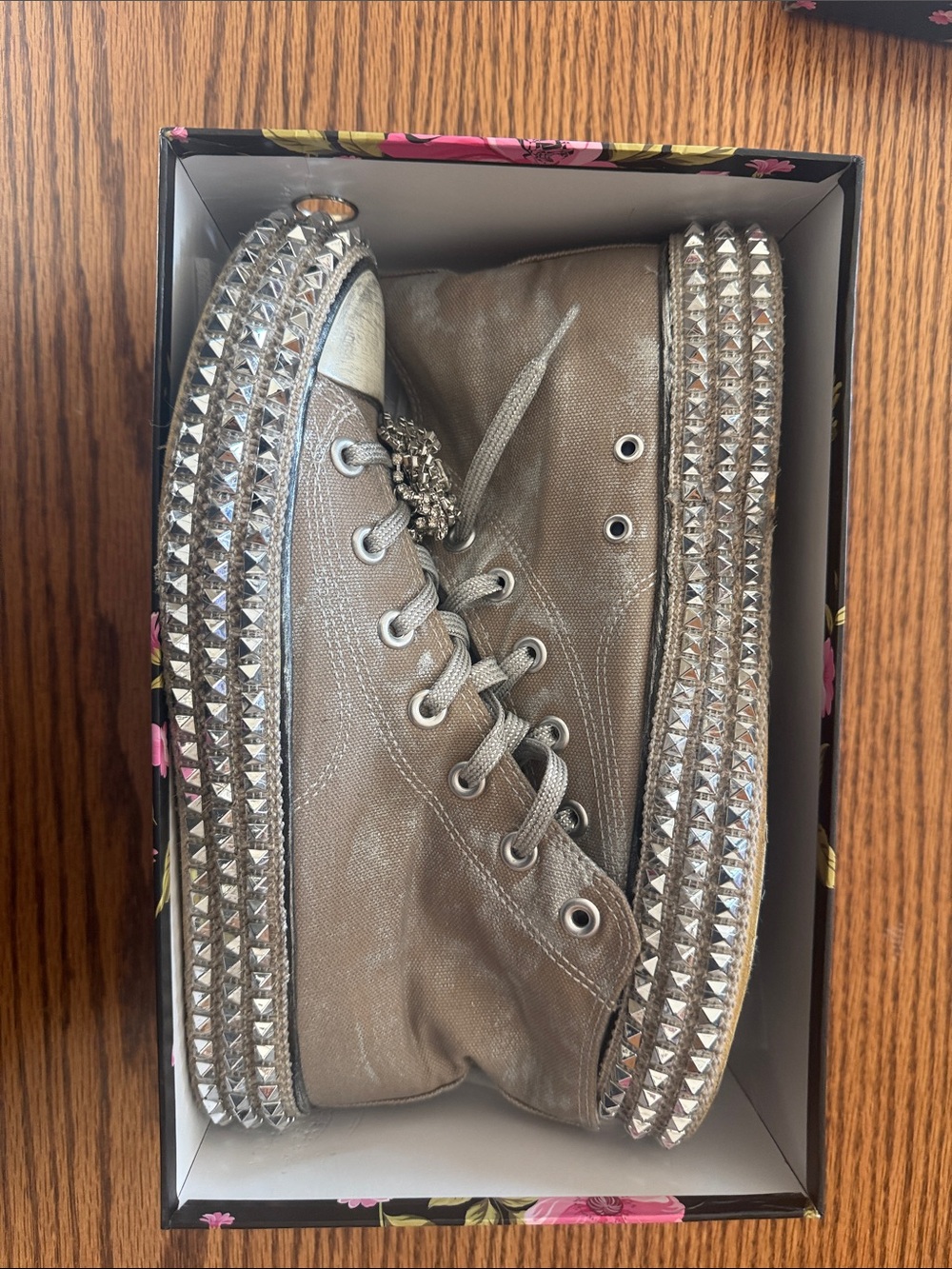 Metallic Taupe High-Top Sneakers with Crystal Stud Detailing - Picture 2 of 8